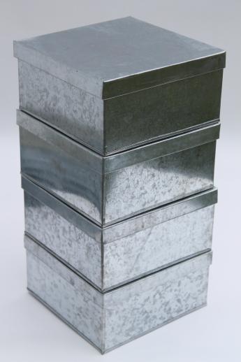 new old stock lot storage box tins, rustic vintage style galvanized zinc metal shoeboxes