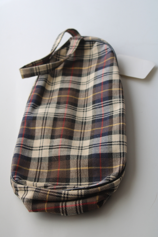 new old stock vintage Japan cotton plaid travel bag w/ waterproof lining, for dopp kit or shoes bag