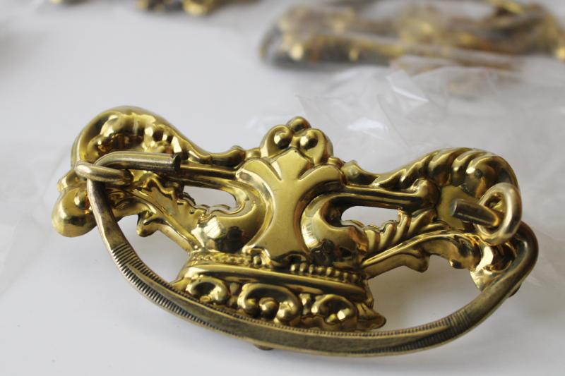 new old stock vintage brass hardware, French antique style crowns drawer pulls