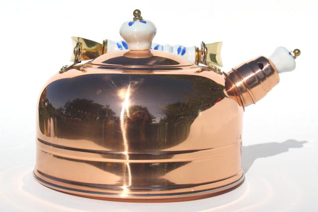 new old stock vintage copper tea kettle, shiny copper teapot w/ blue & white china handle