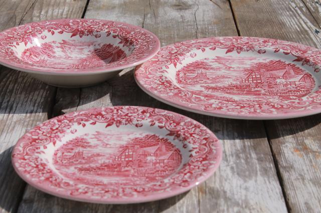 new red transferware china plates & bowls 17th century Staffordshire engraving