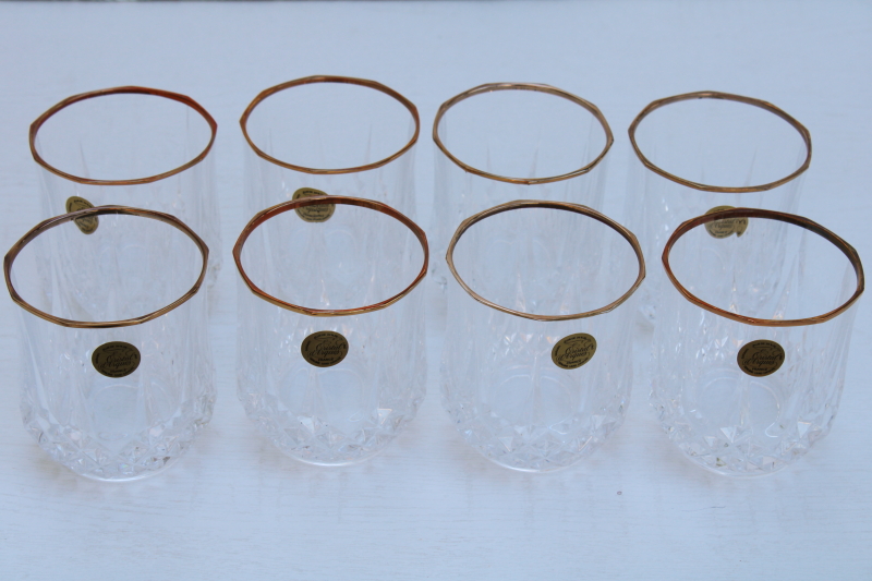 new with labels vintage Cristal d Arques Longchamp double old fashioned glasses, gold rimmed tumblers