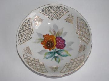 occupied Japan, vintage pierced china lattice bowl, floral pattern