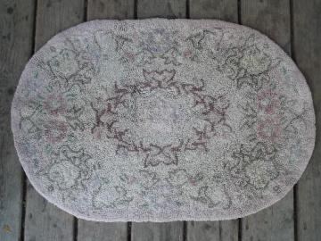 old 1940s vintage hand hooked rug, faded flowers shabby cottage style