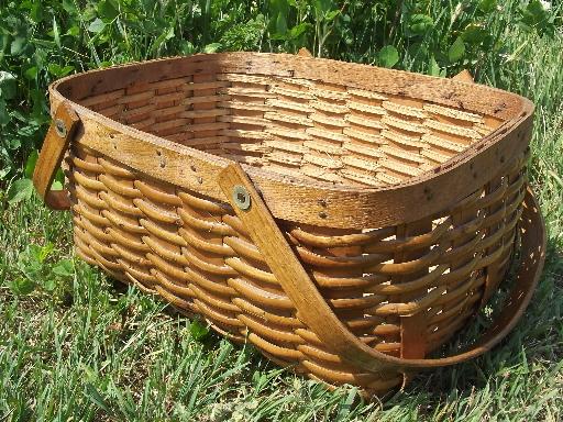 old 1950s vintage wood splint picnic basket hamper w/ wooden handles