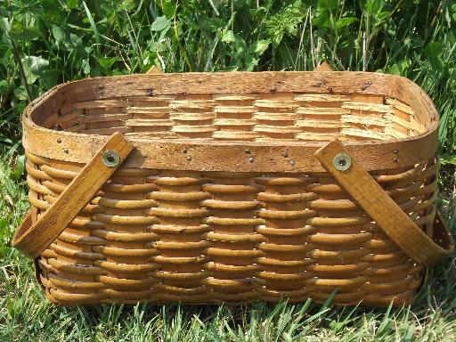 old 1950s vintage wood splint picnic basket hamper w/ wooden handles