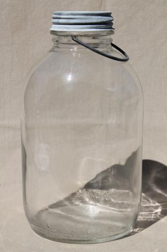 old 2 qt pickle jar w/ wire bail handle, vintage canning jar or canister w/ zinc lid