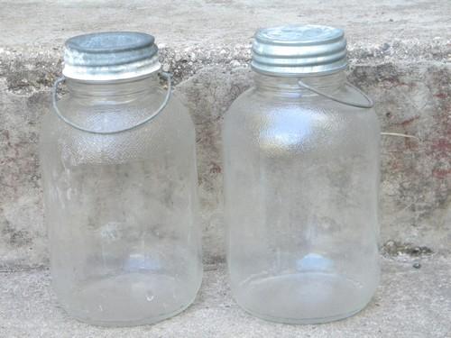 old 2 quart glass pickle jars w/wire handles pantry storage canisters