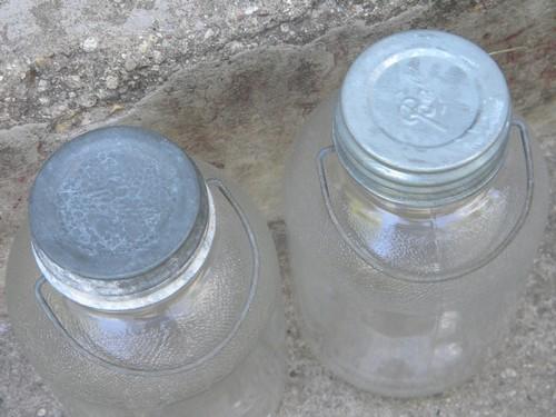 old 2 quart glass pickle jars w/wire handles pantry storage canisters
