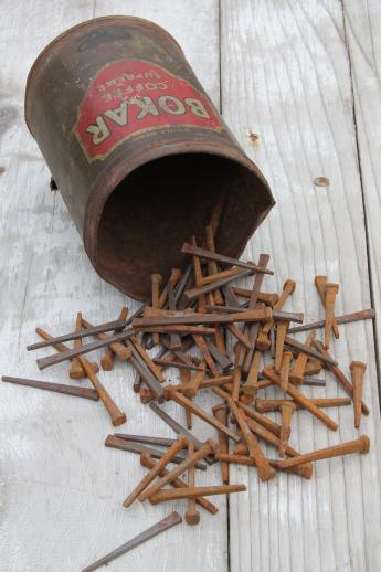 old Bokar coffee can of antique square cut nails, farm primitive hardware