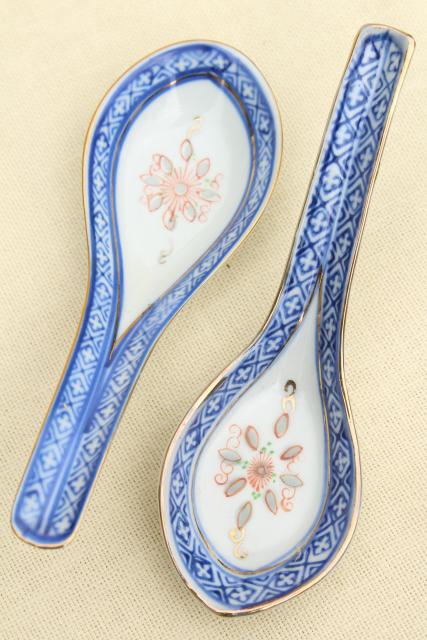 old Chinese porcelain grain of rice china bowls & spoons, chop mark makers markings
