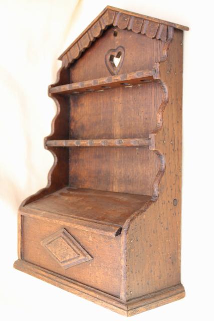 old English oak carved wood wall box spoon holder, vintage rack for spoons