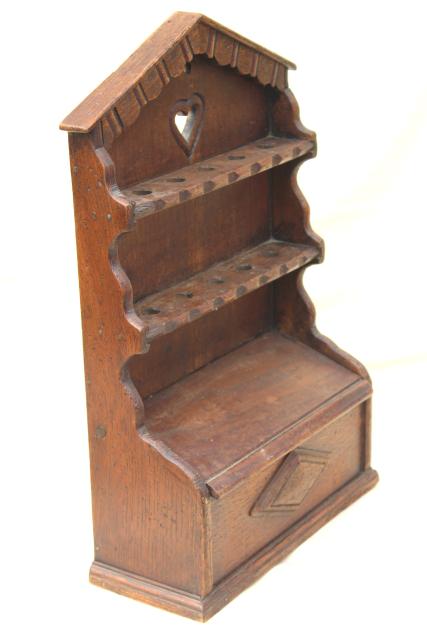 old English oak carved wood wall box spoon holder, vintage rack for spoons
