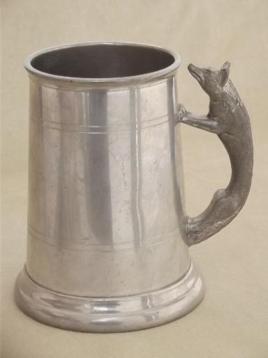 old English pewter stein, figural fox handle tankard hunting cup