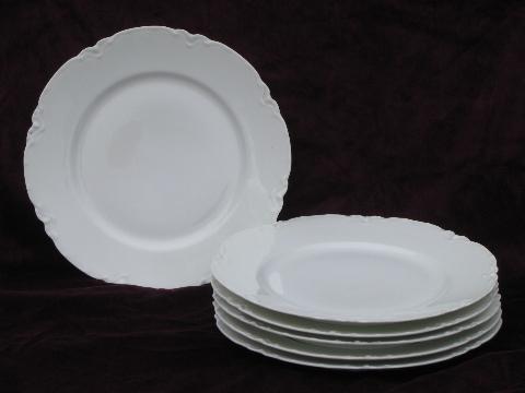 old Haviland France porcelain plates, pure white ornate scalloped border