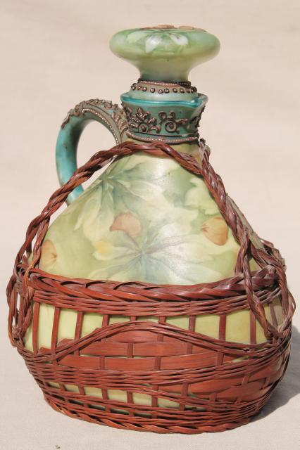 old Japan basket covered china decanter bottle, hand painted moriage acorns & leaves