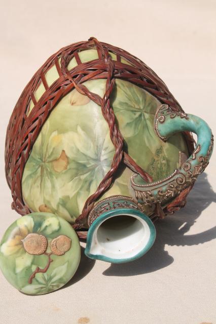 old Japan basket covered china decanter bottle, hand painted moriage acorns & leaves