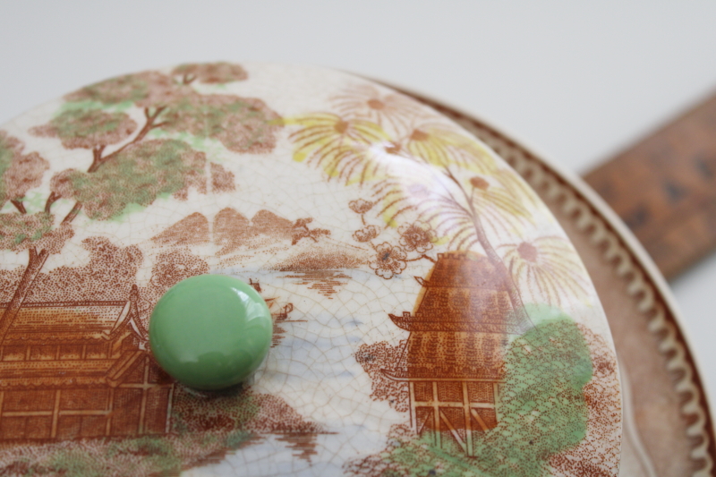 old Japan scene transferware relish set trinket dish, browned crazed vintage patina
