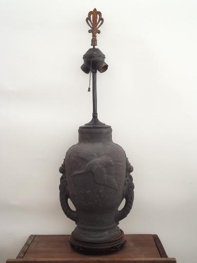 old Japanese bisque table lamp, matte black flying crane porcelain jar