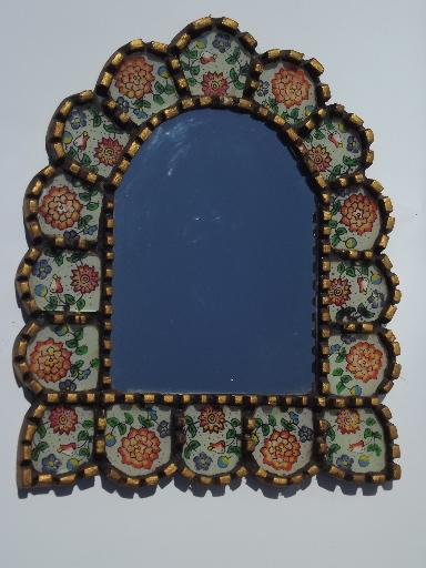 old Mexican folk art mirror picture frame, carved wood painted glass tiles