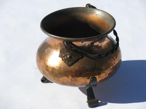 old Swiss hammered copper kettle w/ wrought iron handle, vintage Switzerland