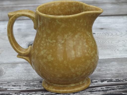 old USA pottery milk pitcher, mustard yellow gold spongeware pitcher