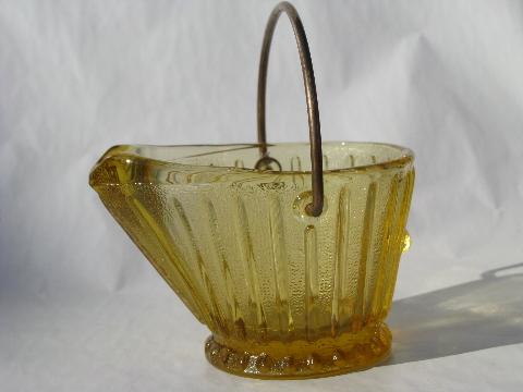old amber pressed glass match holders, small coal scuttle buckets