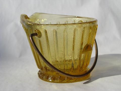 old amber pressed glass match holders, small coal scuttle buckets