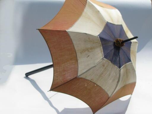 old antique 4th of July sun umbrella parasol, red white and blue cotton