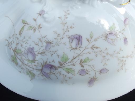 old antique Austria china covered soup tureen, lavender transferware flowers
