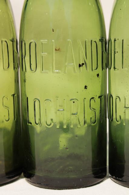 old antique Dutch beer or seltzer water bar bottles, green glass w/ porcelain wire bail lids