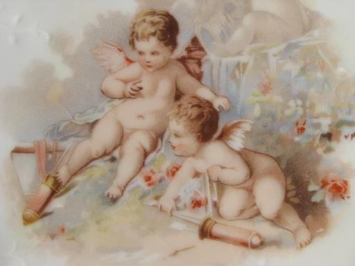 old antique German china plate, Victorian winged angel cherub babies