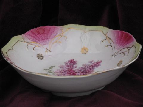 old antique Germany china serving bowl, lilacs floral, pink fan border