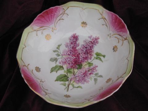 old antique Germany china serving bowl, lilacs floral, pink fan border
