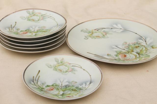 old antique Germany porcelain dessert or tea set plates, shabby chic hand painted china