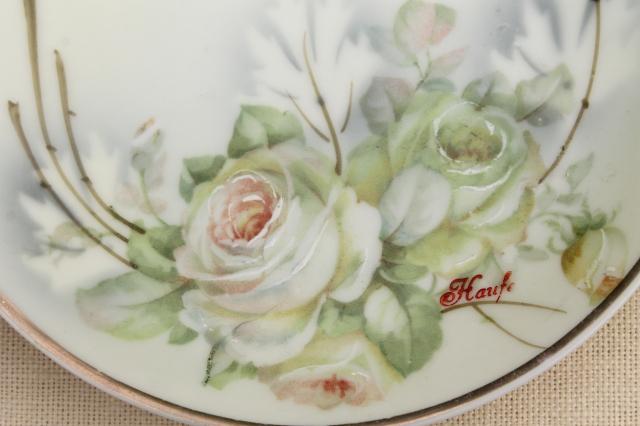 old antique Germany porcelain dessert or tea set plates, shabby chic hand painted china