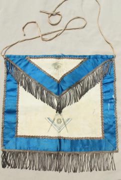 old antique Masons fraternal apron, embroidered emblem silk leather passementerie wire fringe