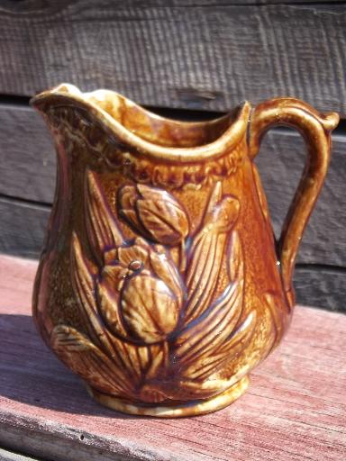 old antique Rockingham brown glaze yellow stoneware tulip milk pitcher