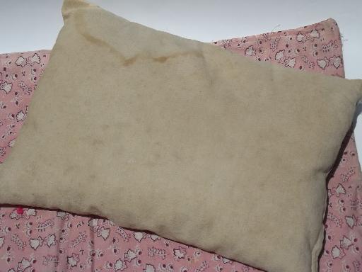 old antique baby feather pillow and doll quilt tied cotton print comforter