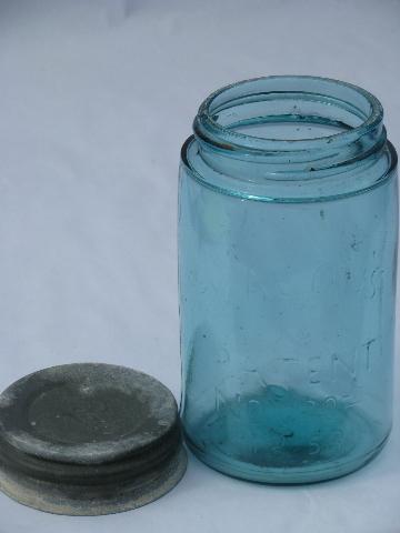 old antique blue glass pint Mason fruit canning jar, 1858 patent