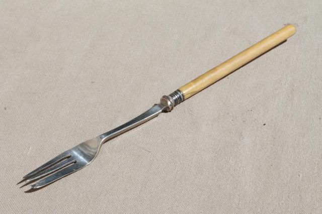 old antique bone handled fork, special purpose serving fork w/ long handle