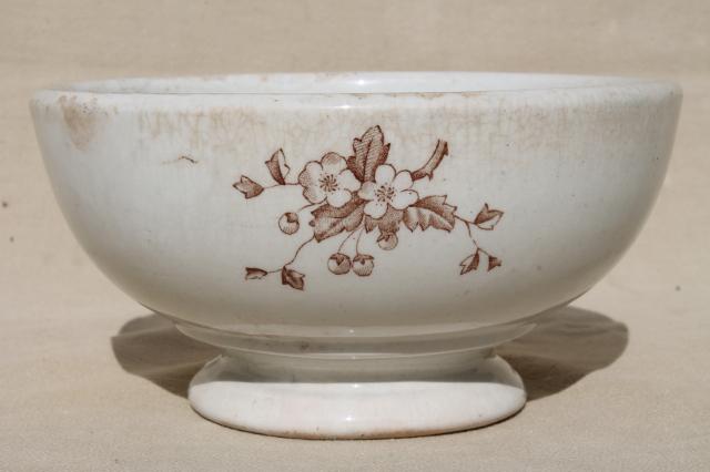 old antique brown transferware English ironstone semi-porcelain china footed bowl