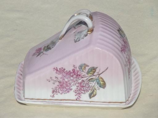 old antique cheese wedge plate & dome cover, lilacs hand-painted china