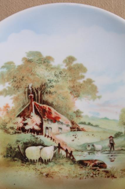 old antique china plate w/ thatched stone cottage country scene, Germany mark