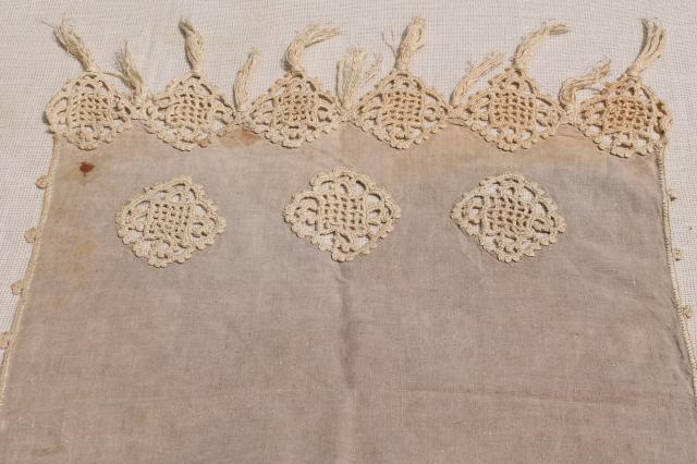old antique flax linen table runner w/ handmade lace, heavy irish crochet w/ tassels