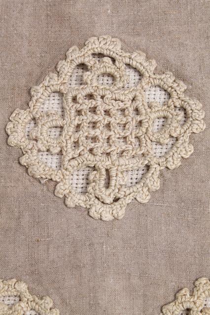 old antique flax linen table runner w/ handmade lace, heavy irish crochet w/ tassels