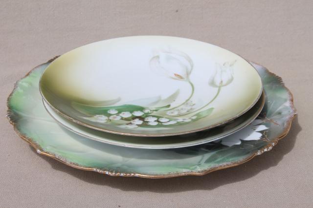 old antique green & white china plates, hand-painted flowers & lilies of the valley