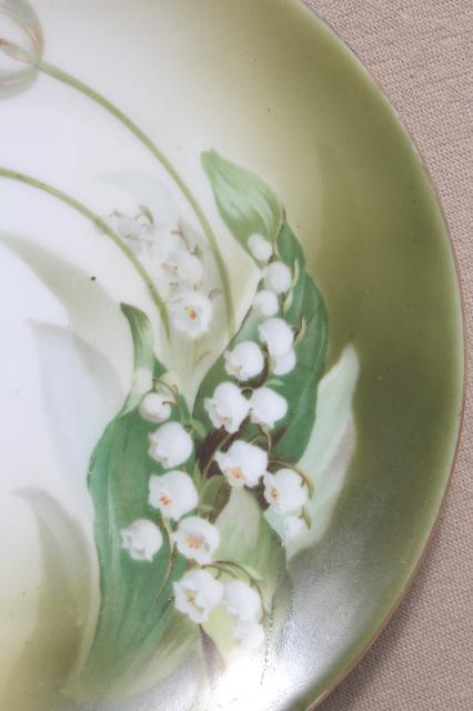 old antique green & white china plates, hand-painted flowers & lilies of the valley
