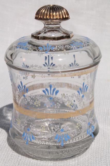 old antique hand painted enamel glass jar canister from Victorian vintage table set