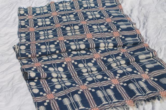old antique hand woven coverlet fragment, primitive indigo blue wool & linen fabric